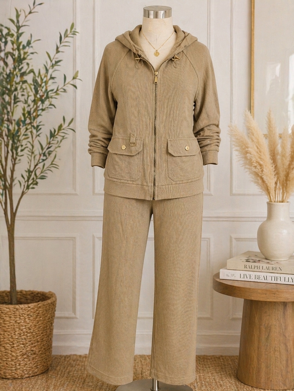 Ralph Lauren Khaki Wide-Leg Pants & Zip Hoodie Set